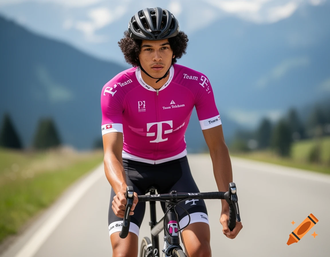 A young male cyclist with curly hair in a pink Team Telekom jersey and helmet rides a bike on a mountain road, looking at the camera. Photorealistic.