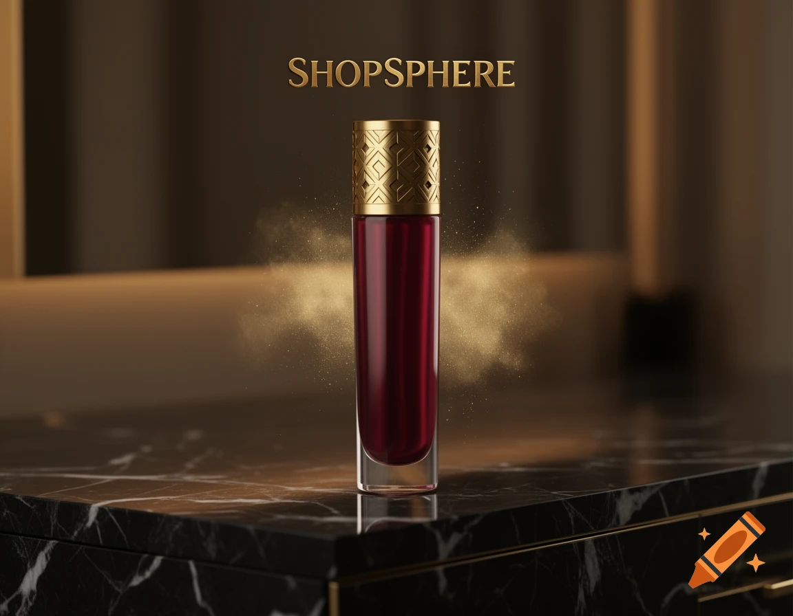 A photorealistic image of a sleek, dark red cosmetic bottle with a golden patterned cap, on a black marble surface with golden dust around it, with the brand name SHOPSPHERE above.