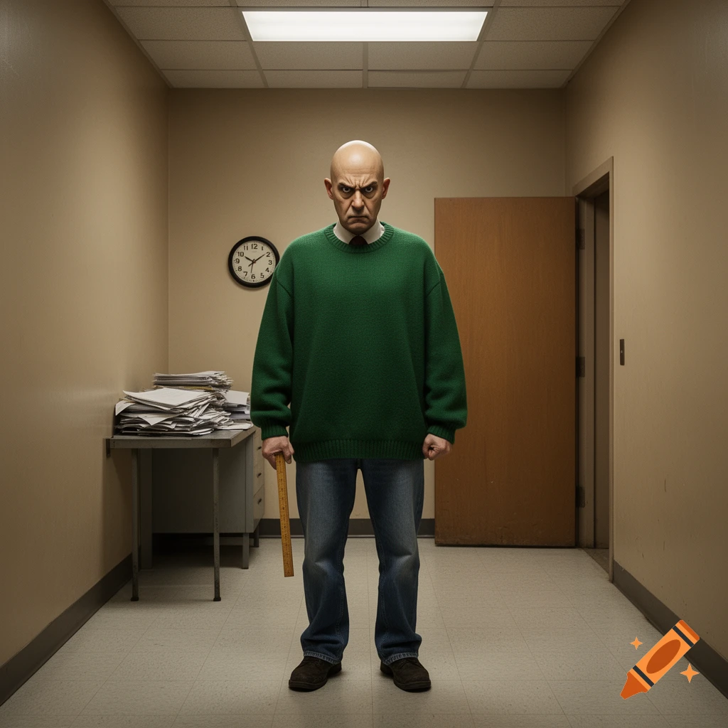 A bald, angry man resembling Baldi in a green sweater and jeans holds a ruler in a bland school hallway.