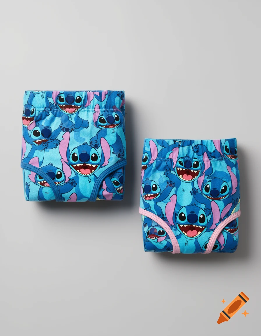 Two neatly folded pairs of blue children's underwear with an all-over Stitch print on a light gray background.