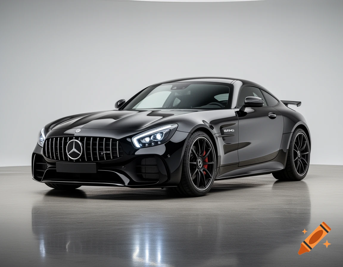 A sleek, black Mercedes-AMG GT R sports car is parked in a minimalist studio against a grey background.