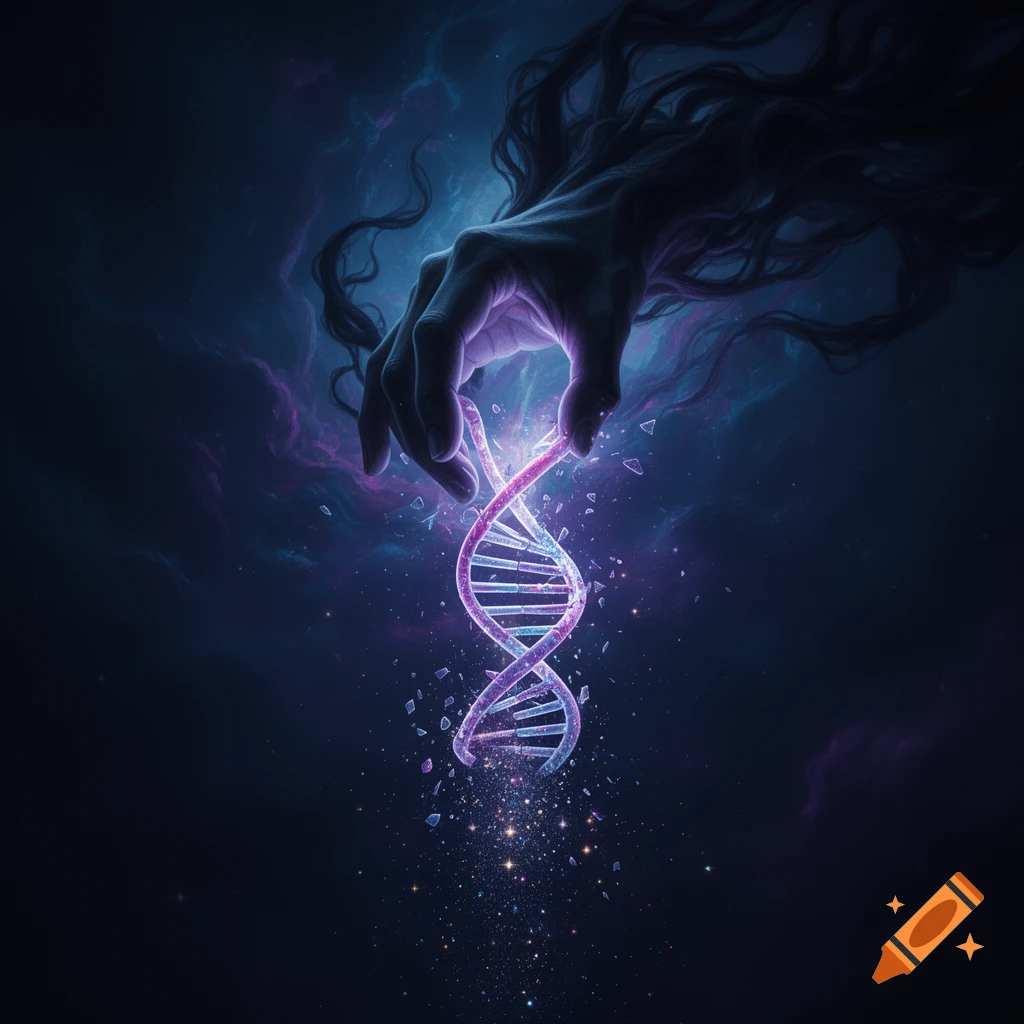 A stylized dark hand with long tendrils grasps a glowing, fracturing purple and blue DNA helix, surrounded by cosmic dust on a dark blue background.