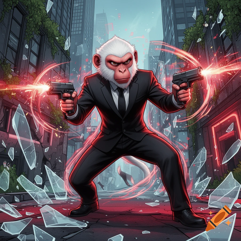 A white-faced monkey in a black suit and tie crouches, firing two pistols with red energy blasts amidst shattered glass in a futuristic city, comic art.