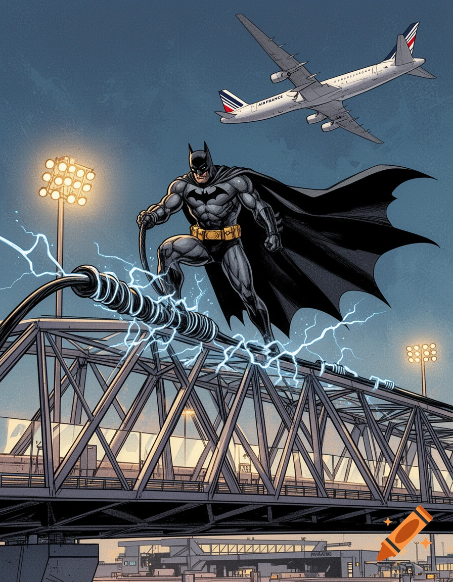 Batman standing on a bridge, holding a cable with lightning, an Air France plane flying overhead in comic book style.