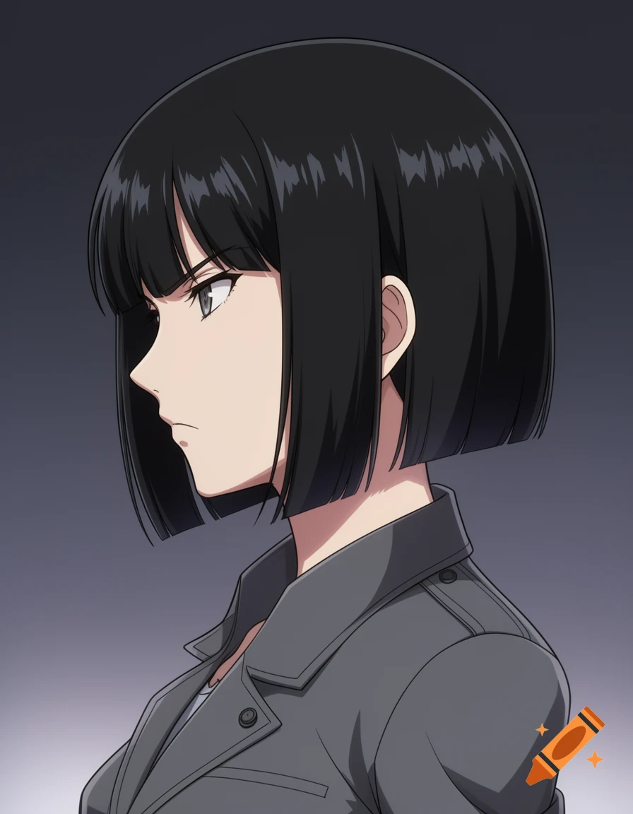 Anime drawing of a stern-looking young woman with short black hair in profile, wearing a grey jacket.