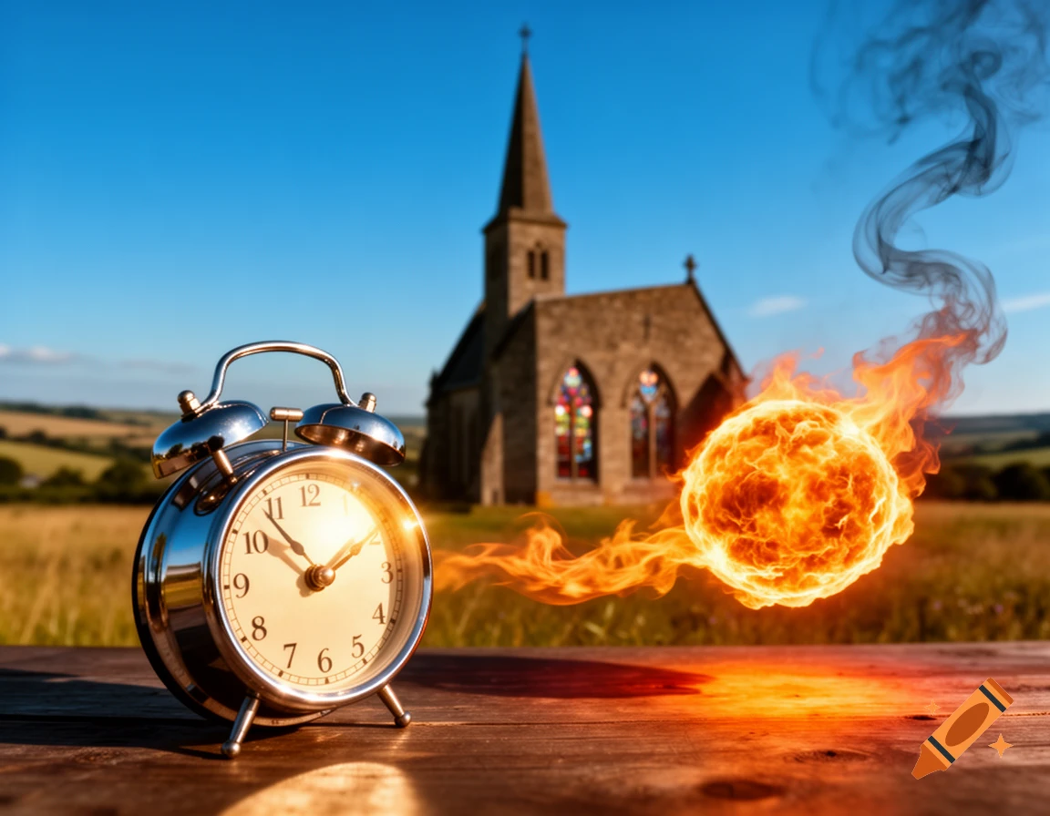A photorealistic image of an alarm clock on a wooden surface with a church and a burning fireball in a grassy field under a blue sky.
