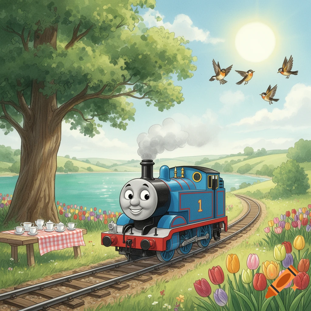 Thomas the Tank Engine on tracks in a vibrant landscape with a lake, large tree, birds, and colorful tulips, in a cartoon style.