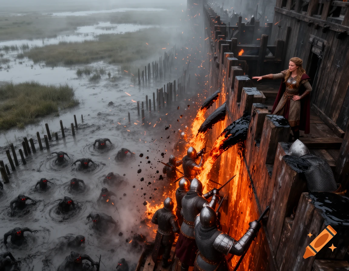 An epic fantasy battle from above a wooden fortress, knights pour burning pitch onto red-eyed swamp creatures as a woman points dramatically.