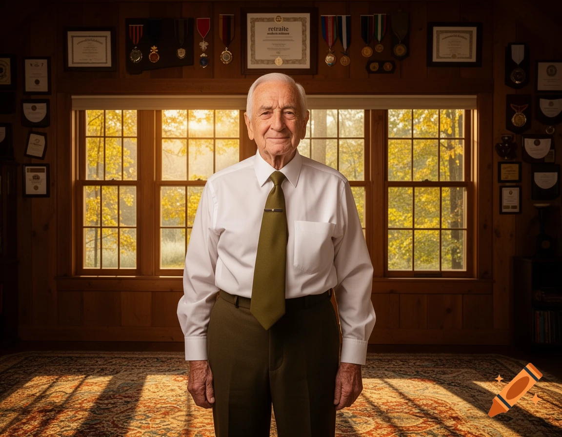 A photorealistic portrait of an elderly man in a white shirt and olive tie, standing in a wood-paneled room with framed awards.