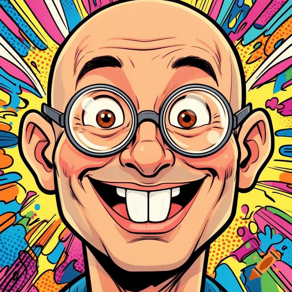 Close-up comic book style caricature of a bald man with big round spectacles, a wide goofy smile, and prominent rabbit teeth, against a vibrant, colorful background.