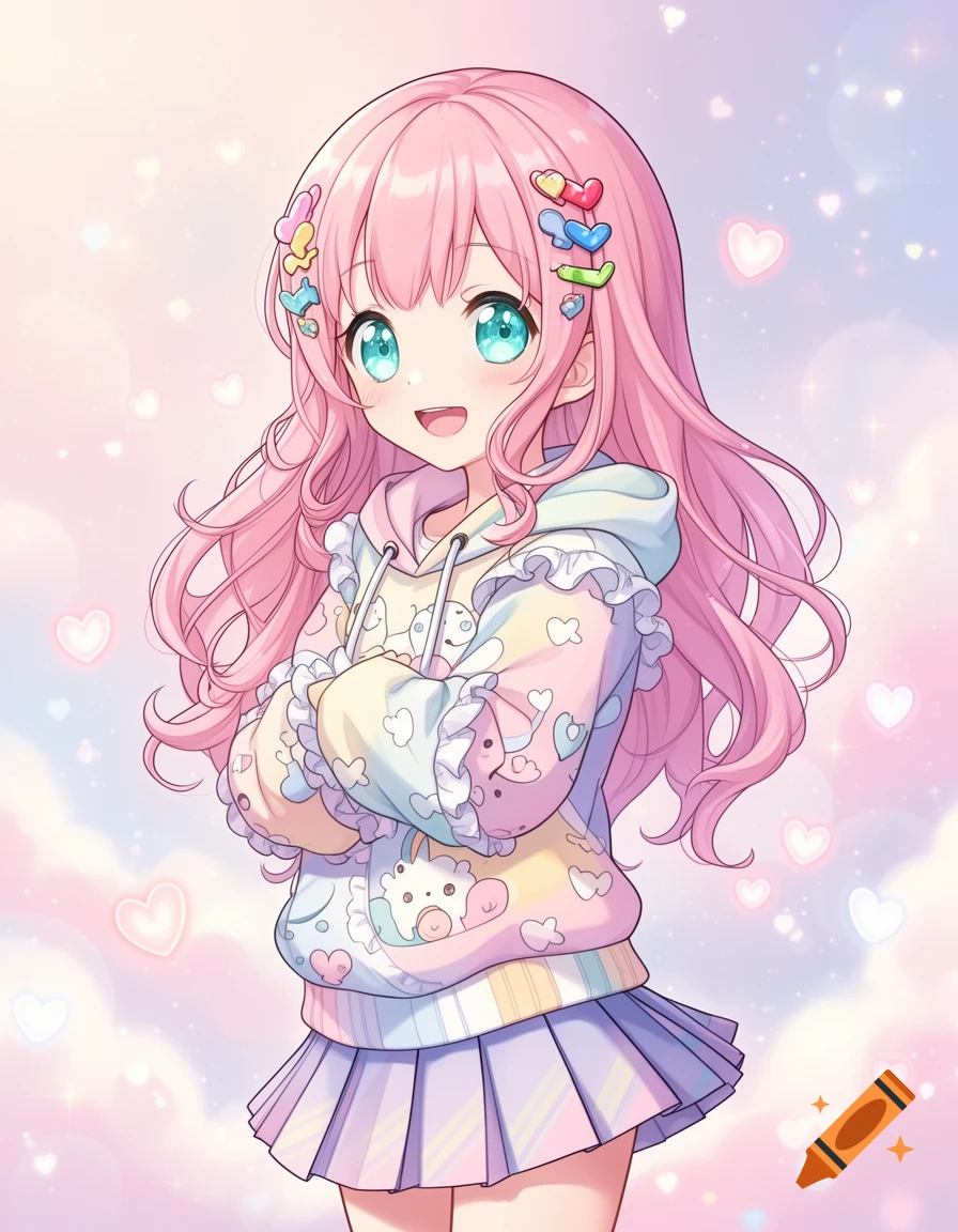 A cute anime girl with pink hair and blue eyes, wearing a pastel hoodie and pleated skirt, standing against a sky with floating hearts.