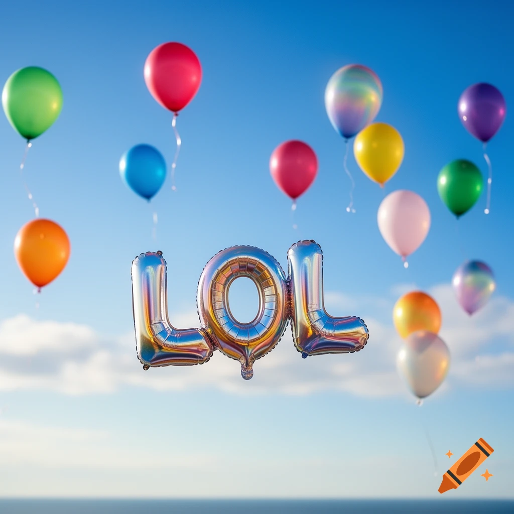 Foil balloon letters spelling 'LOL' float among colorful round balloons in a bright blue sky.