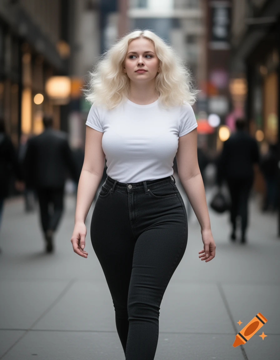 A photorealistic image of a blonde woman in a white t-shirt and black jeans walking down a city street.
