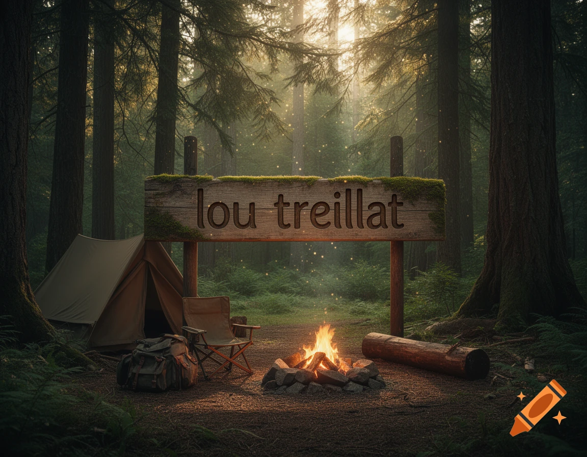 A photorealistic scene of a forest campsite at dawn, with a tent, campfire, and a wooden sign saying "lou treillat".