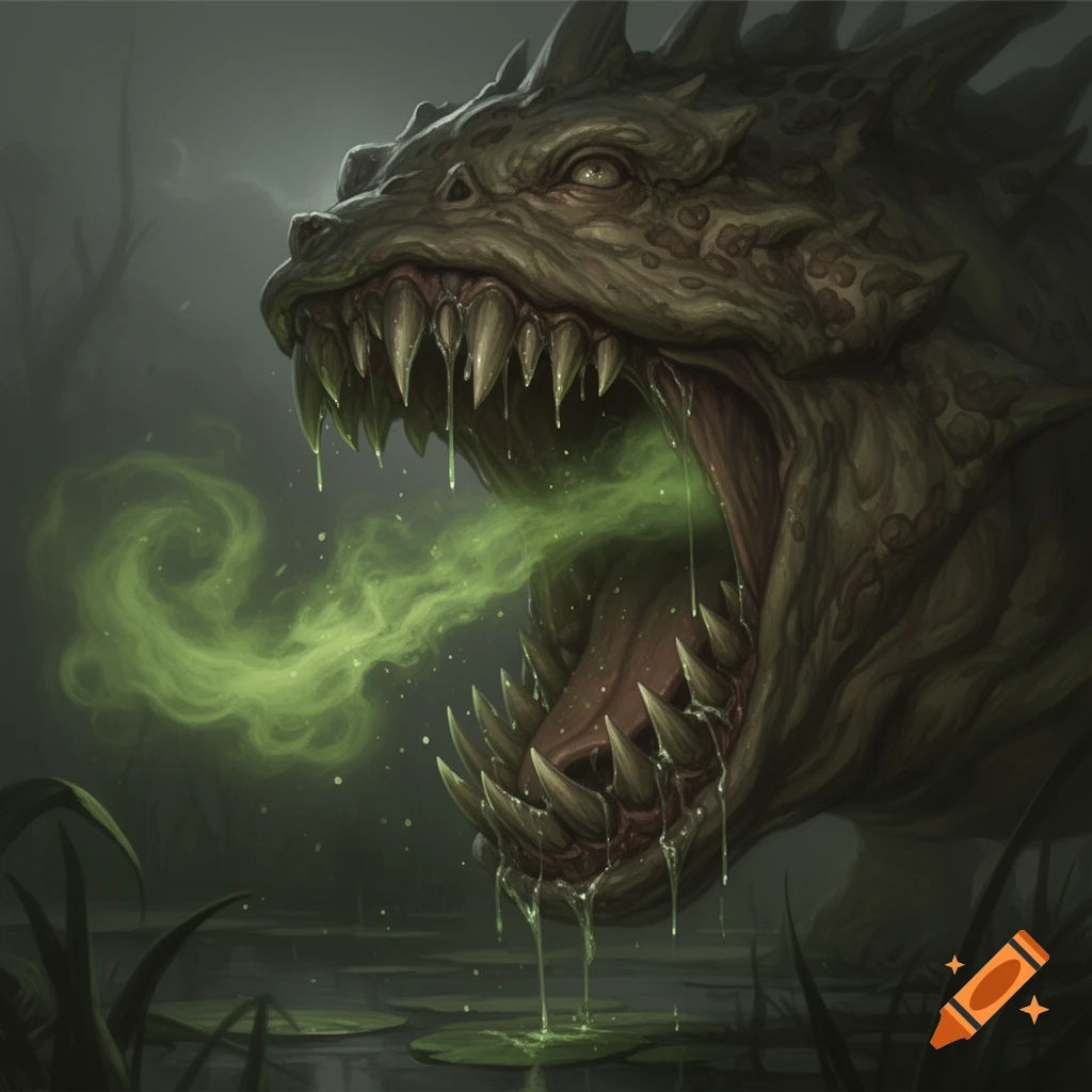 Close-up digital painting of a green-skinned monster's open mouth with sharp teeth and green toxic breath in a dark swamp.