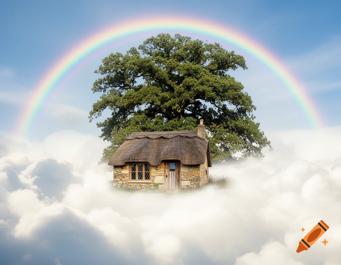 A cozy thatched cottage with a large tree behind it, floating on sun-drenched clouds under a vibrant rainbow.