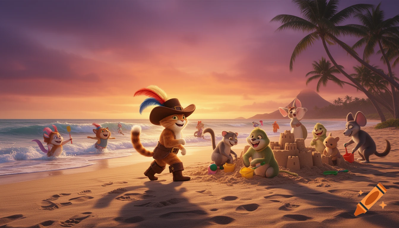 Puss in Boots and anthropomorphic animal friends play on a sandy beach at sunset, building a sandcastle and wading in ocean waves.