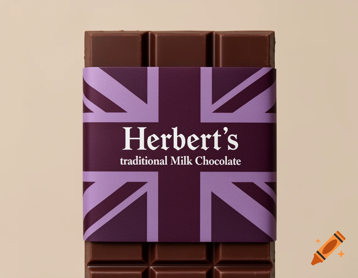 A premium milk chocolate bar wrapped in a deep plum and lavender Union Jack design, featuring 'Herbert's traditional Milk Chocolate' text.