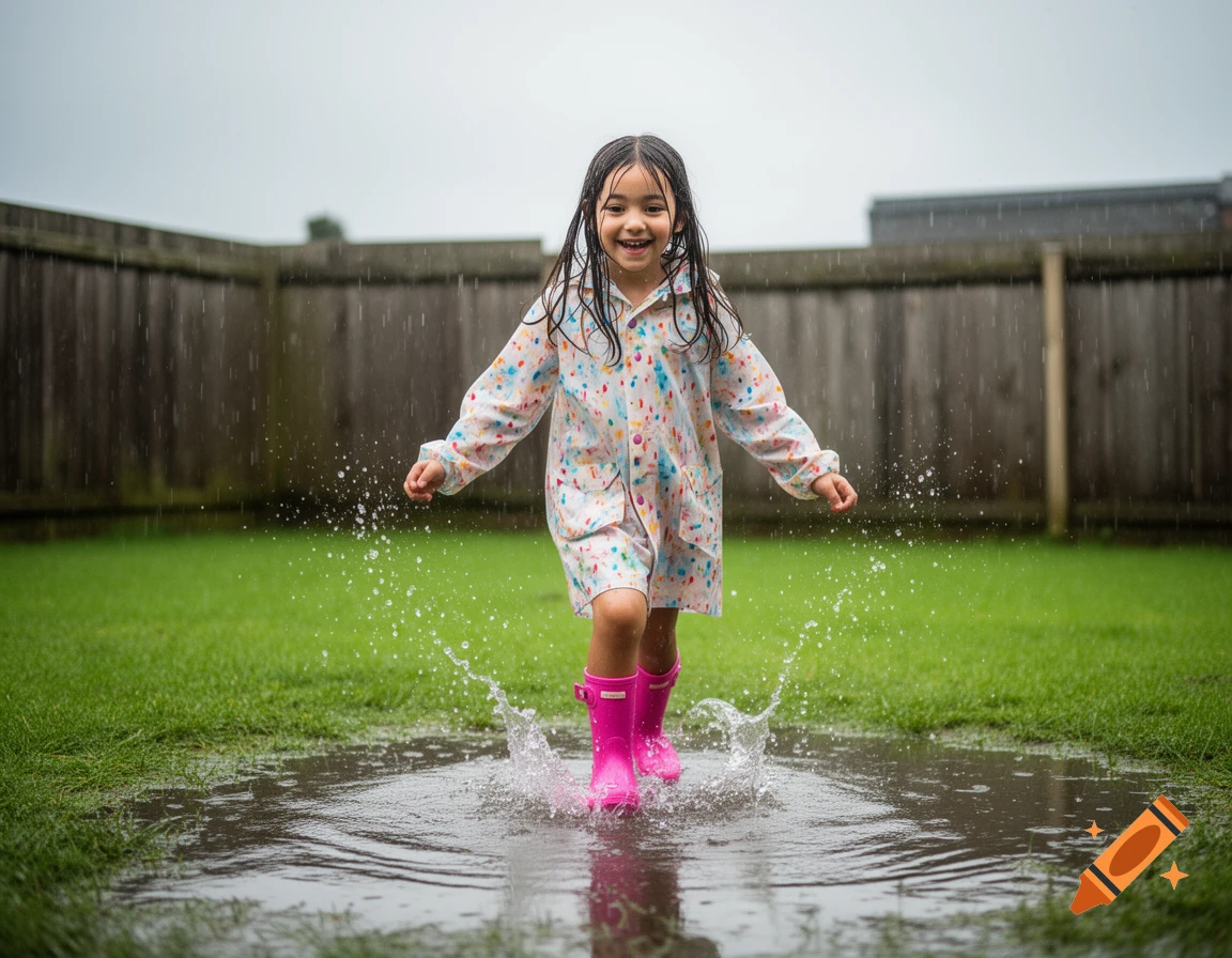 A smiling young girl in a colorful rain jacket and pink boots splashes in a large puddle in a grassy backyard on a rainy day.
