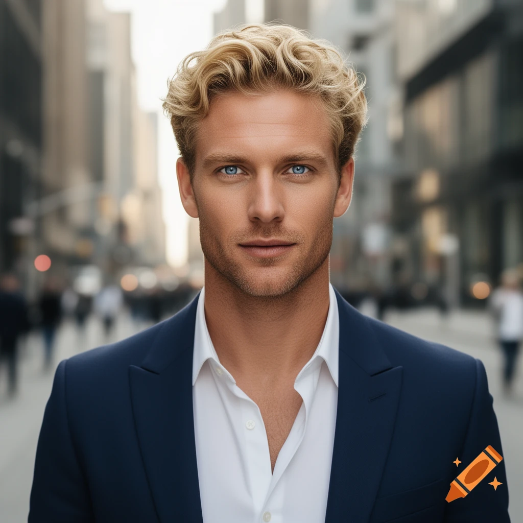 Photorealistic portrait of a blonde-haired, blue-eyed man in a blue suit and white shirt, standing on a city street.
