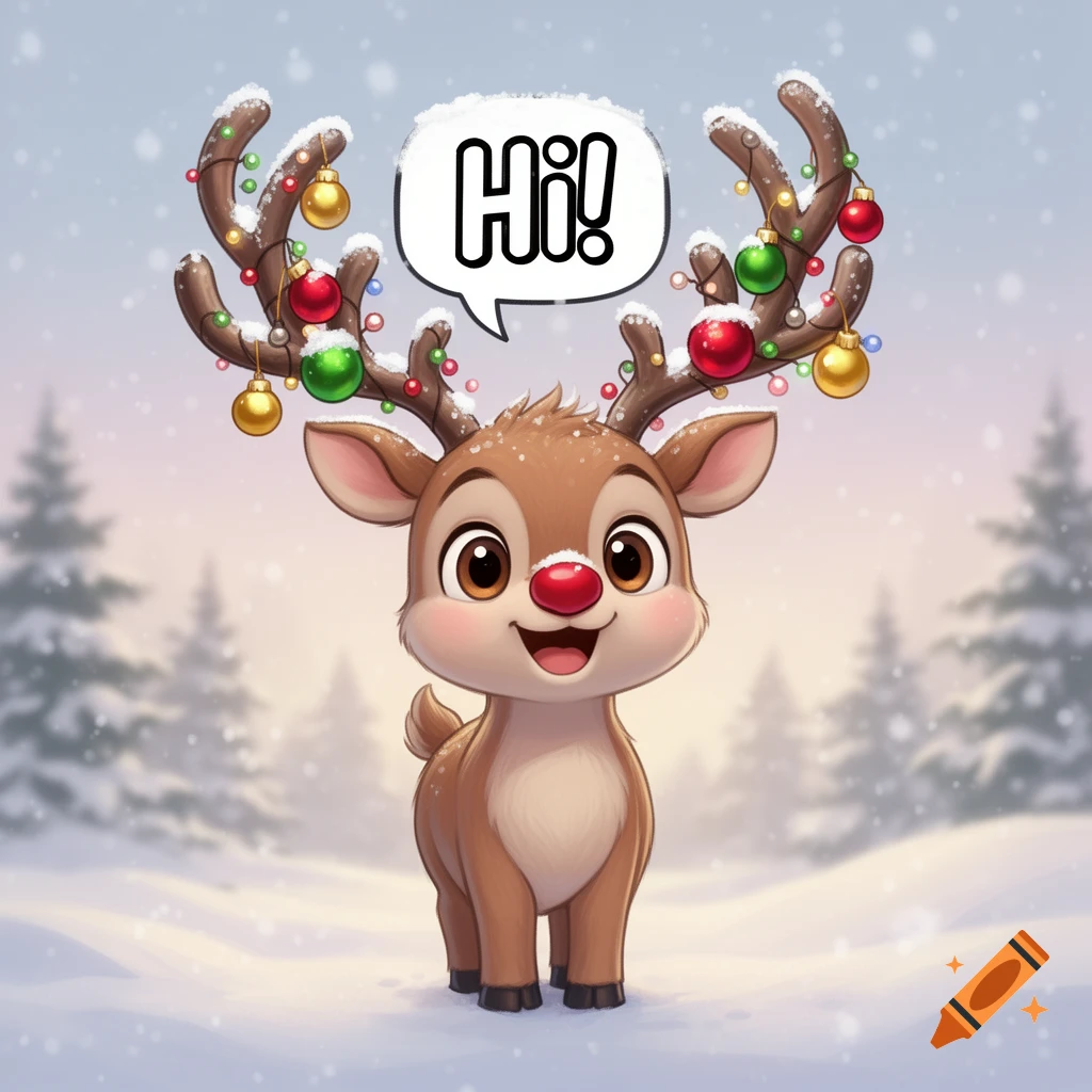 A cute cartoon reindeer with a red nose and decorated antlers says 'Hi!' in a snowy Christmas forest with snowflakes.