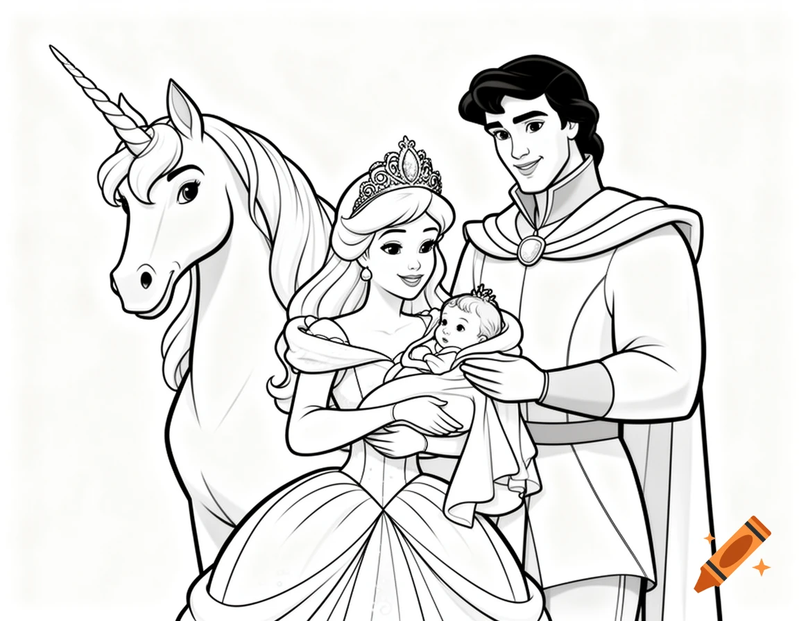 A black and white coloring page of a princess holding a baby, a prince, and a unicorn, in a fairy tale storybook style.