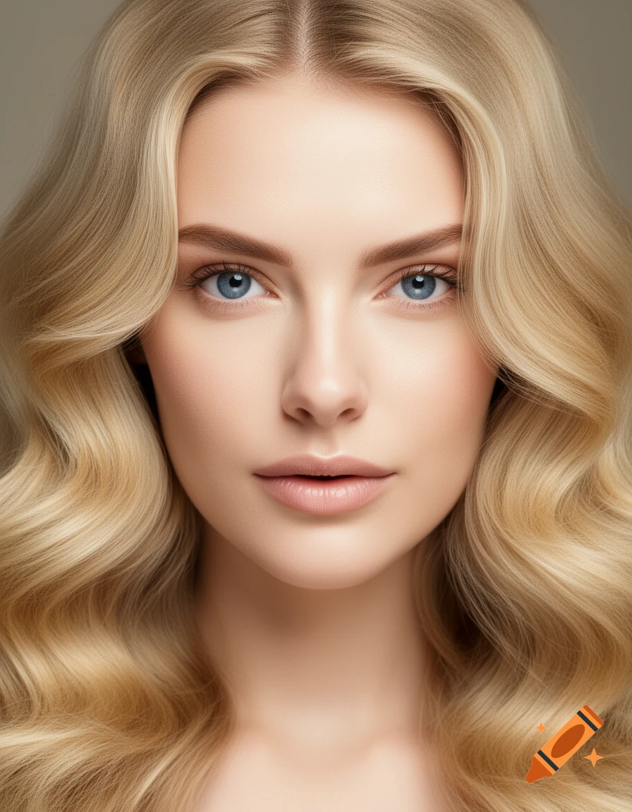 A close-up studio portrait of a woman with long, wavy blonde hair and blue eyes, looking directly at the viewer.