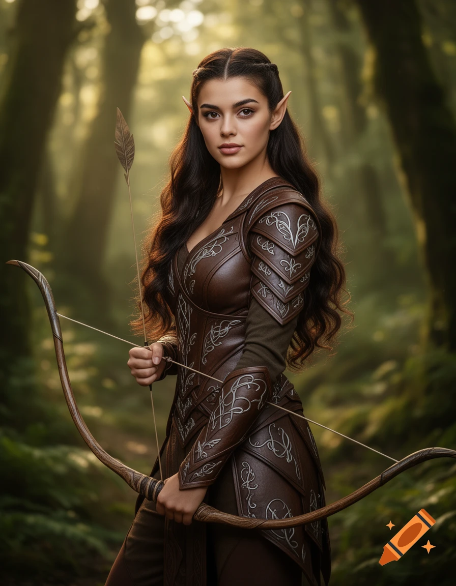 A photorealistic image of a dark-haired female elf archer with pointed ears in ornate brown leather armor, holding a bow in a sun-dappled forest.