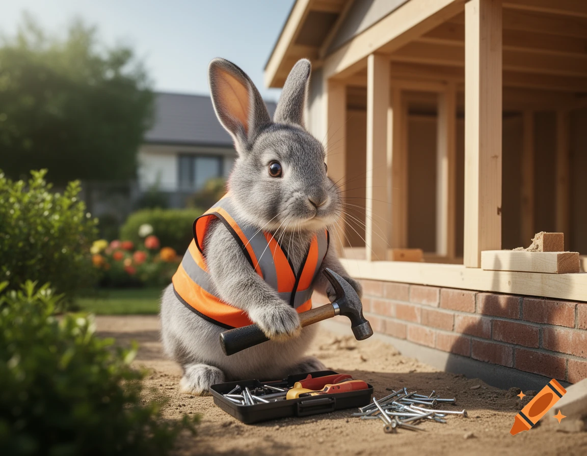 A photorealistic rabbit in an orange safety vest holds a hammer, standing by a house under construction with tools and nails.