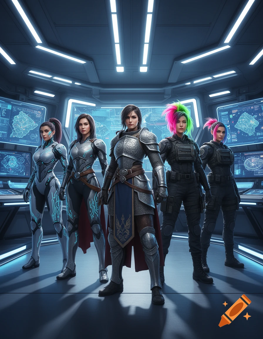 Four female warriors in diverse sci-fi and fantasy armor stand confidently in a futuristic control room.