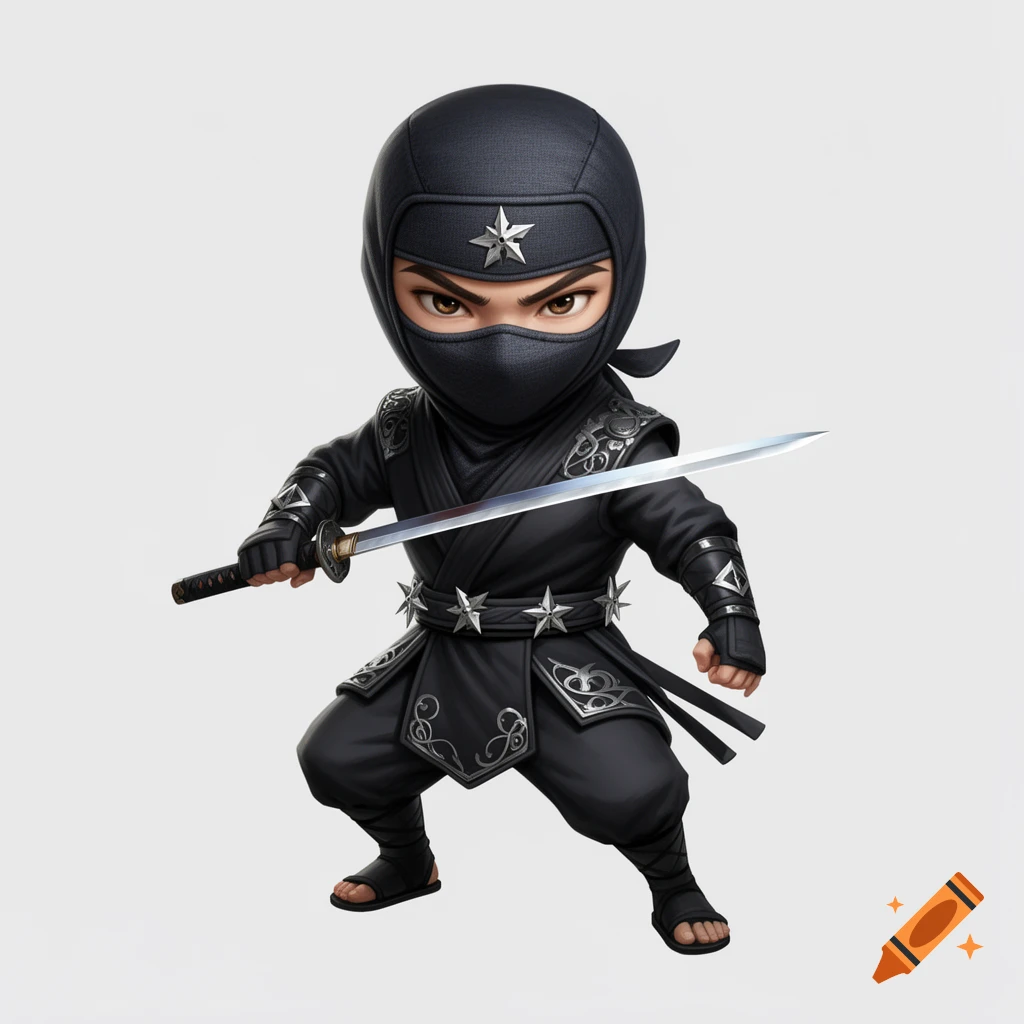 A stylized chibi ninja character in a black suit with silver accents and stars, holding a katana, against a plain background.
