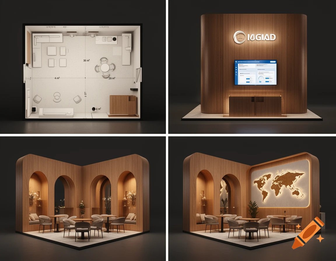 Four modern exhibition stand designs, including a floor plan, a side view with a company logo and screen, and two perspective views of a lounge area with wooden arches and a world map.