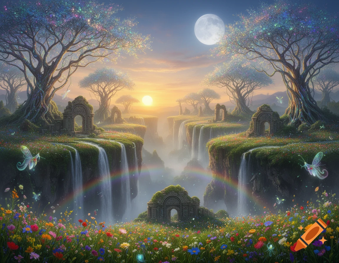 A vibrant fantasy landscape with sparkling trees, waterfalls, a rainbow, glowing fairies, and ancient ruins under a sunset and full moon.