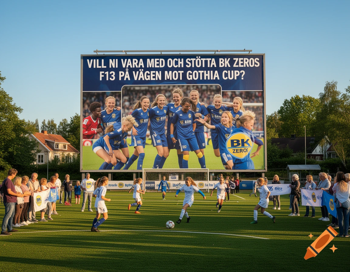 Children playing soccer on a field with a large billboard in the background displaying an image of a girls' soccer team.