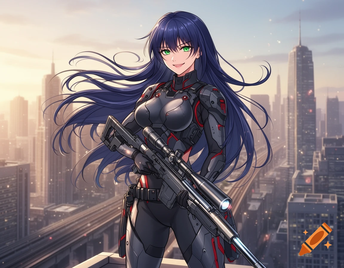 Anime-style female sniper in a futuristic suit holding a rifle on a city rooftop.