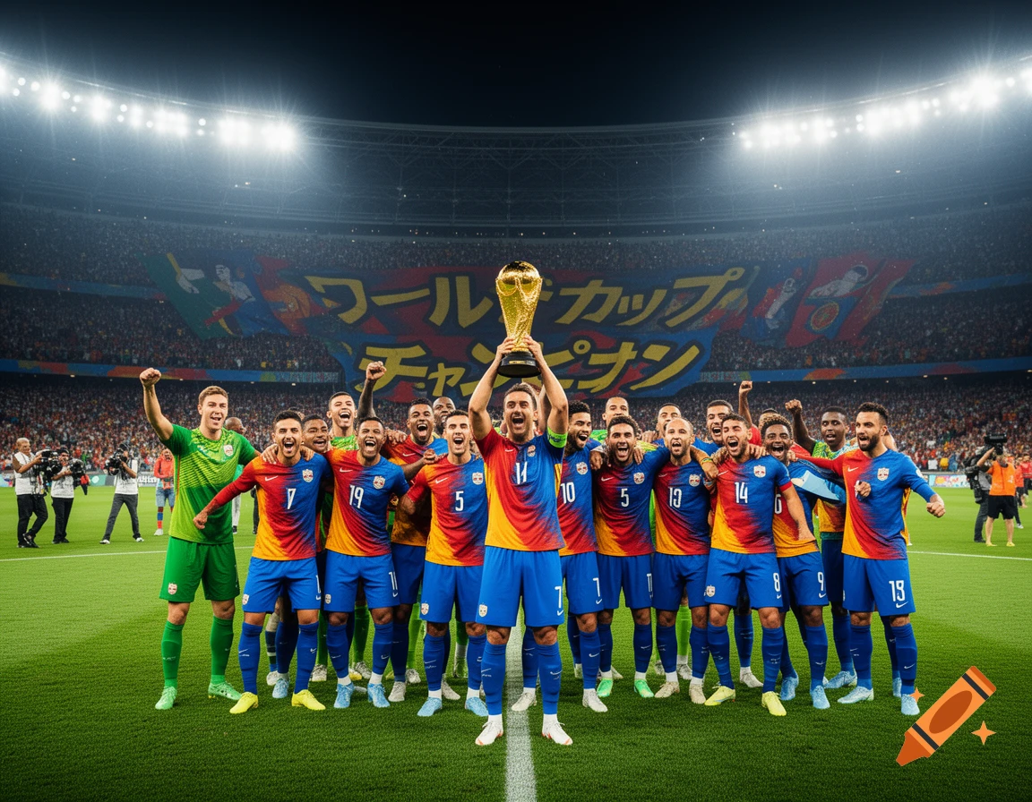 A jubilant soccer team celebrates winning the World Cup trophy on a brightly lit stadium field.
