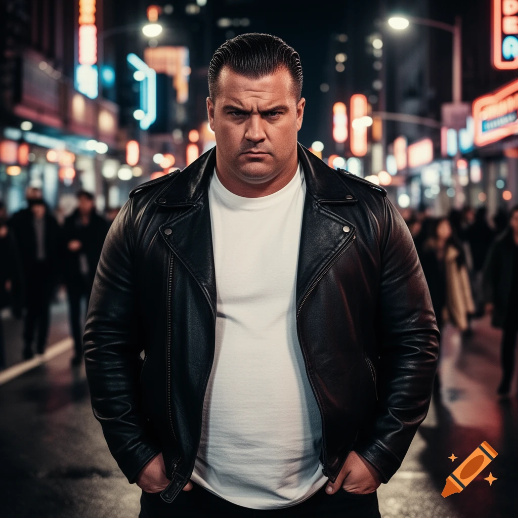A photorealistic image of a stern-faced man with slicked-back hair, wearing a black leather jacket, standing on a rainy city street at night with blurry neon lights in the background.