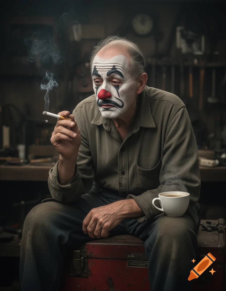 A sad-looking clown with white face paint and a red nose, sitting on a red toolbox and smoking a cigarette, with a cup of coffee nearby.