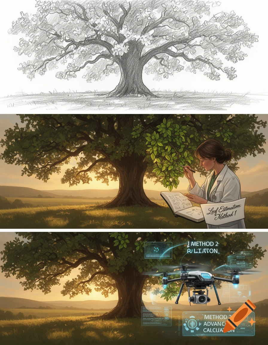 A 3-panel progression illustrates leaf estimation methods: a pencil sketch of a tree, a scientist manually counting leaves, and a drone using advanced AI calculation.