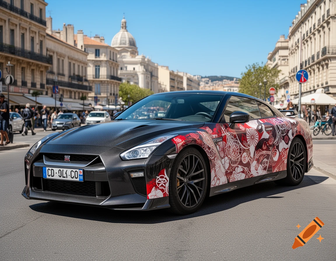 A custom Nissan GTR with a carbon fiber hood and red and white Japanese art wrap parked on a sunny city street in Marseille.