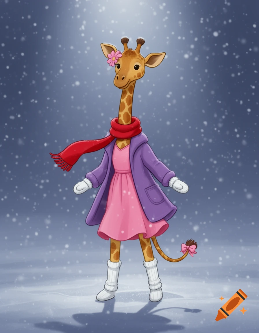 Cartoon female giraffe in a red scarf, pink dress, purple coat, mittens, and leg warmers stands in a snowy scene.