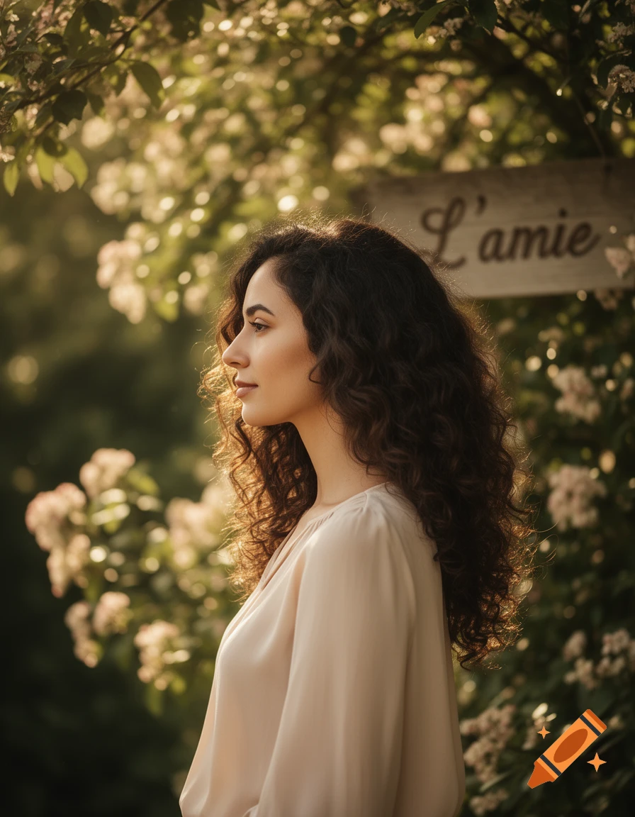 A young woman with curly dark hair in a light blouse, lit by golden sunlight, looks right in a lush garden with white flowers and a sign reading "L'amie".