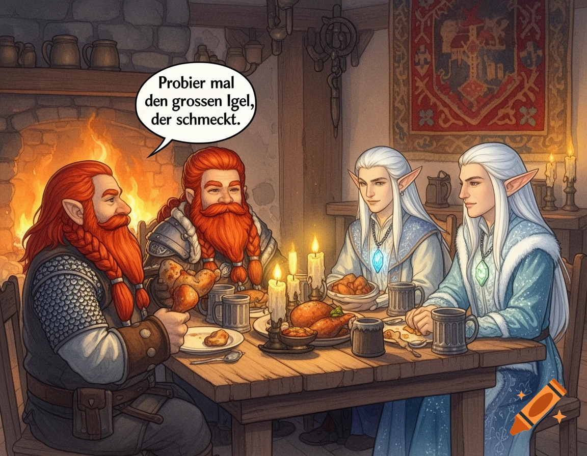 Two red-bearded dwarves and two white-haired elves feast at a wooden table in a medieval tavern, a fireplace glowing in the background. One dwarf holds a turkey leg and speaks.