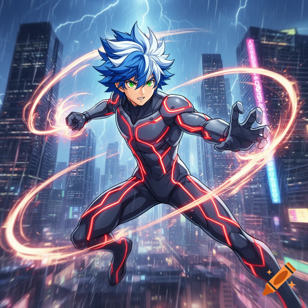 Anime boy with blue and white spiky hair in a glowing black and red suit, leaping in a rainy futuristic city with lightning.
