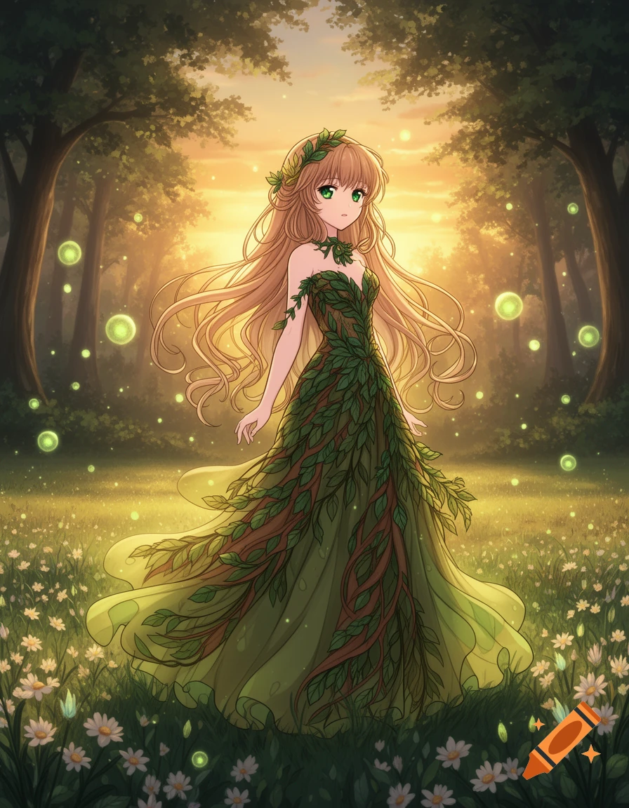 An anime girl with long blonde hair and green eyes stands in a magical forest at sunset, wearing a dress made of leaves.