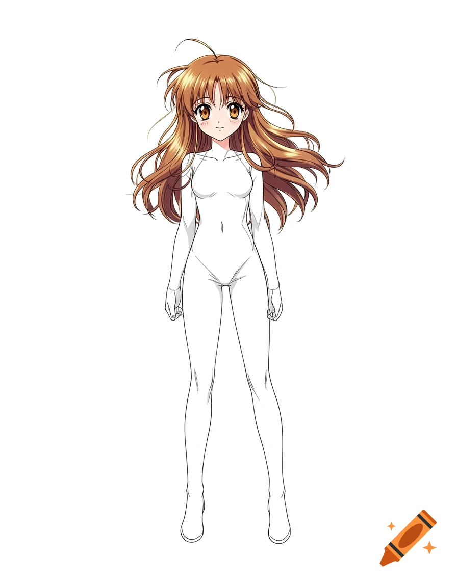 Anime girl with long brown hair, large eyes, wearing a white full-body base layer, standing on a white background.