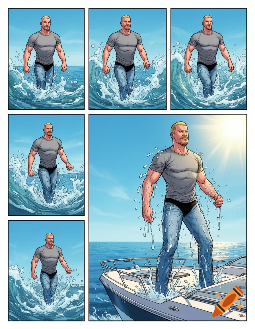 Comic book panels show a muscular man in a grey t-shirt and jeans emerging from the ocean onto a boat deck.
