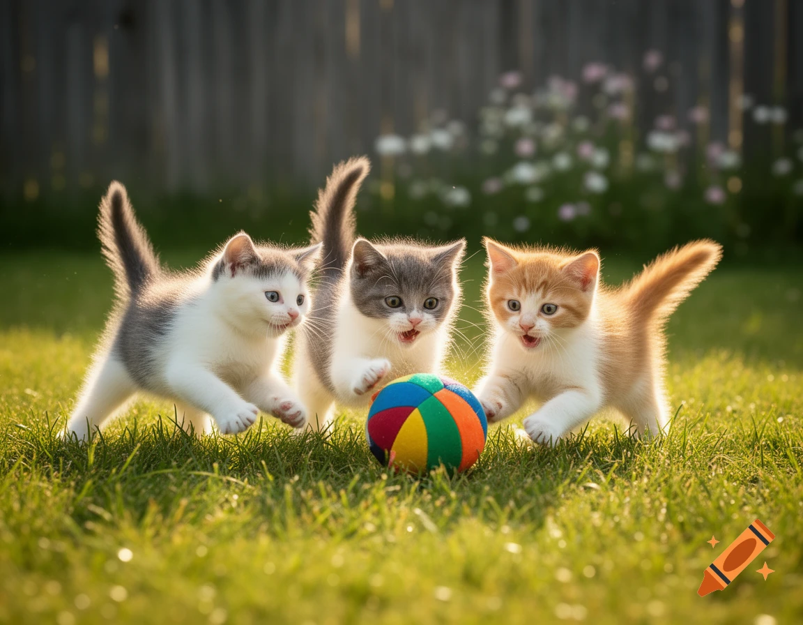 Three fluffy kittens, two grey and white and one orange and white, play with a colorful ball on vibrant green grass in golden sunlight.