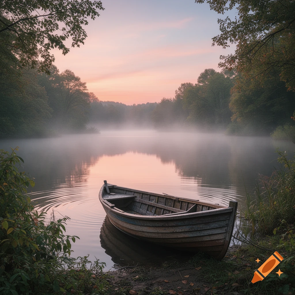 A serene misty lake at sunrise with a wooden rowboat on the shore, surrounded by dense trees.