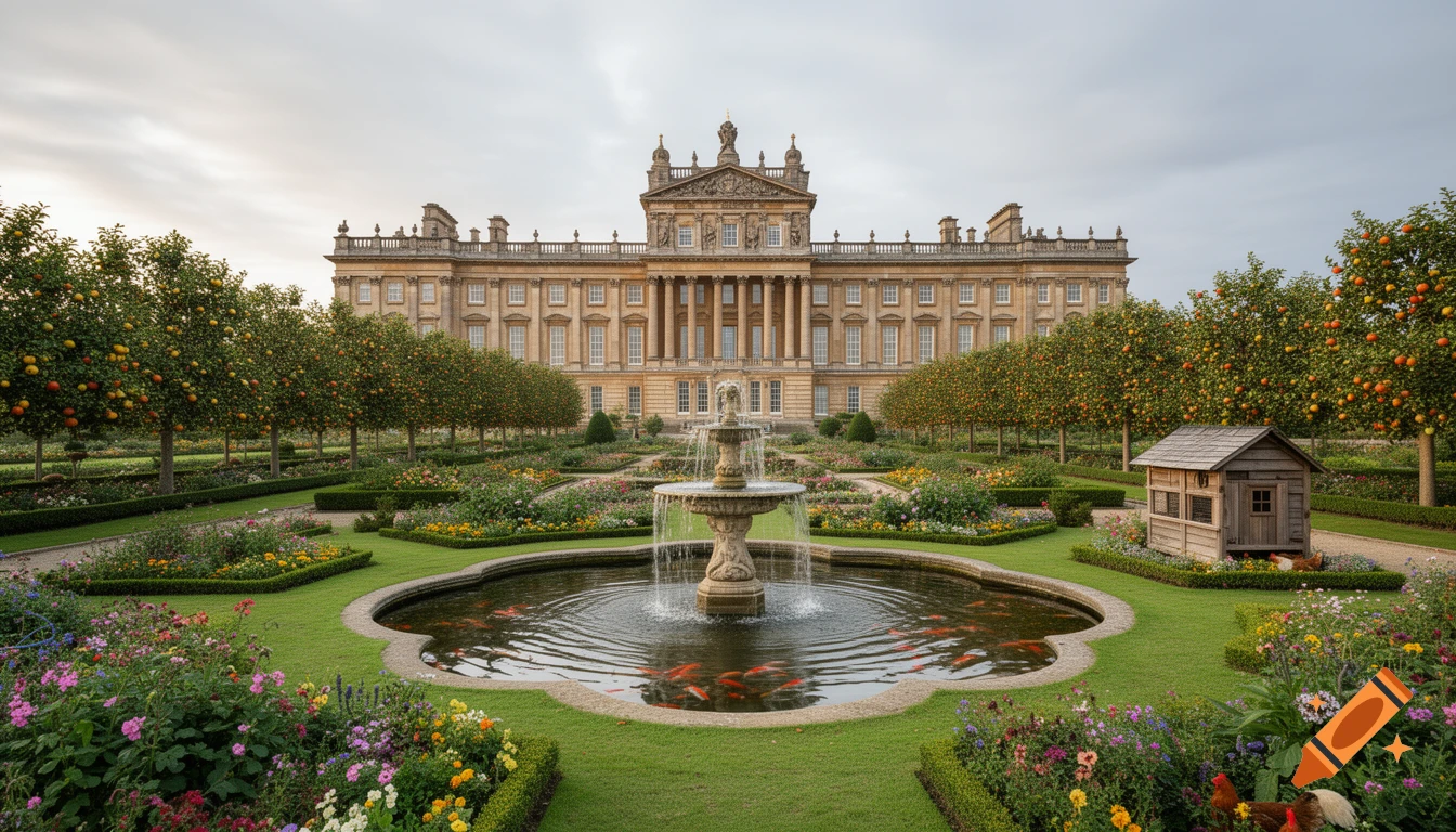 A grand, ornate palace overlooks an elaborate garden with a central fountain, koi pond, fruit trees, and a small chicken coop.